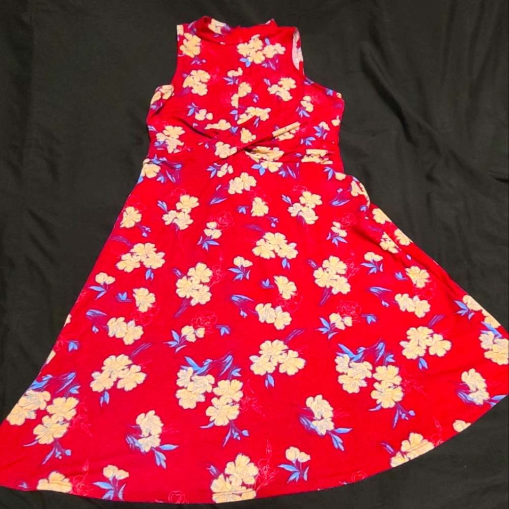 Vintage Red Floral High Neck Mini Dress - Medium